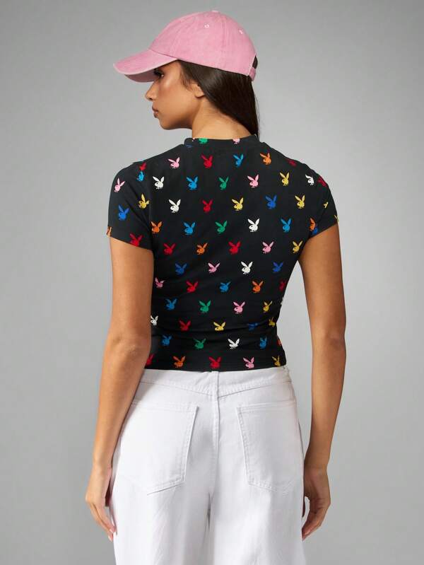 Missguided Missguided X Playboy All Over Bunny Print Fitted Crop T-Shirt