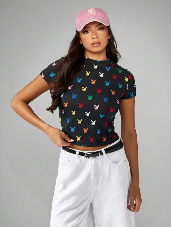 Missguided Missguided X Playboy All Over Bunny Print Fitted Crop T-Shirt
