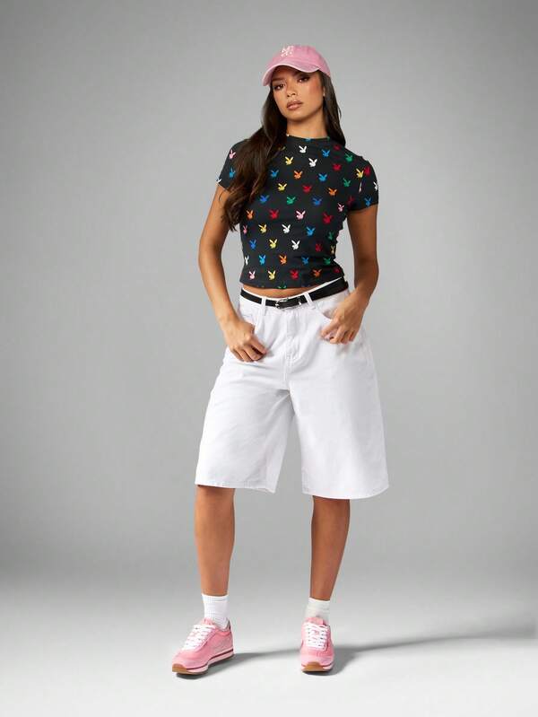 Missguided Missguided X Playboy All Over Bunny Print Fitted Crop T-Shirt