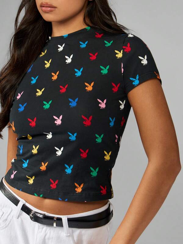 missguided Missguided x Playboy All Over Bunny Print Fitted Crop T-Shirt