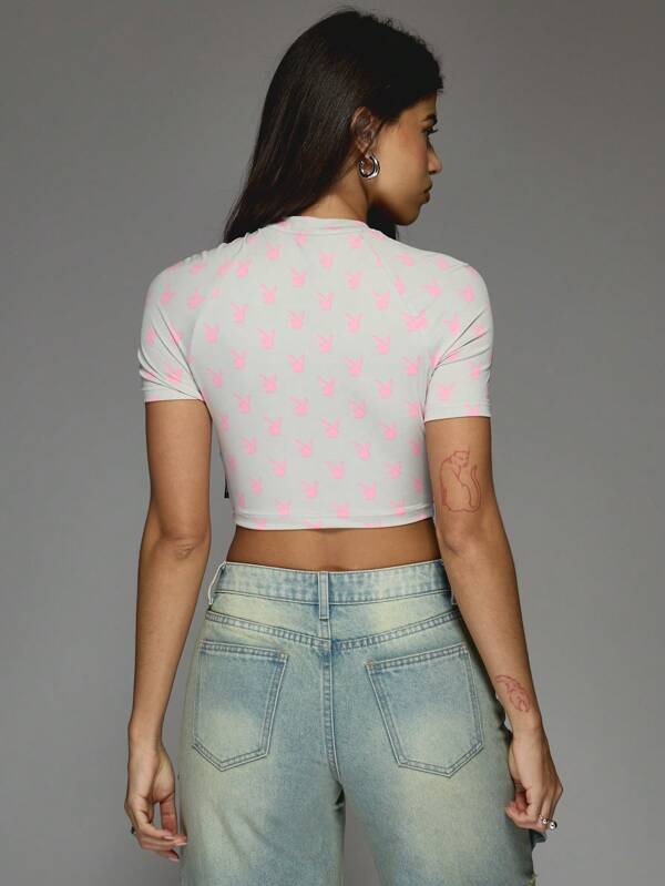 Missguided Missguided X Playboy All Over Bunny Print Short Raglan Sleeves Round Neck Crop Fitted T-Shirt