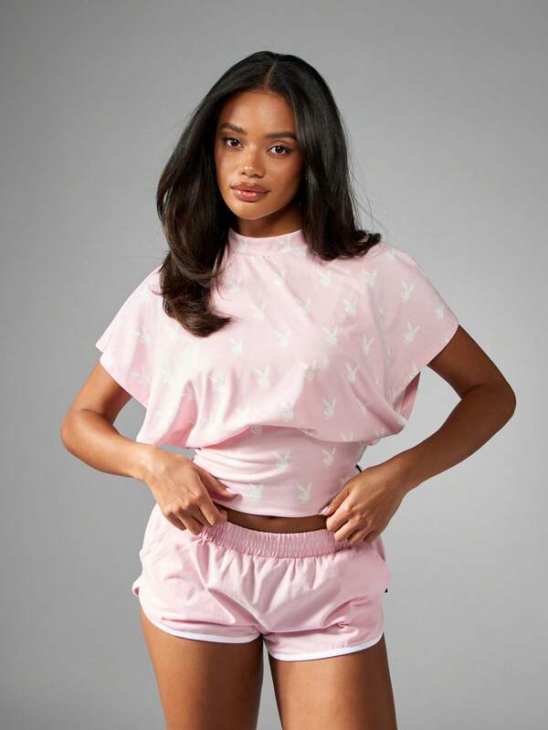 Missguided Missguided X Playboy All Over Print Bunny Pattern Cinched Crop T-Shirt