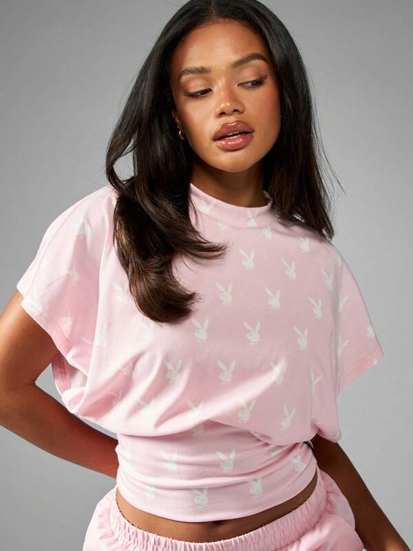missguided Missguided x Playboy All Over Print Bunny Pattern Cinched Crop T-Shirt