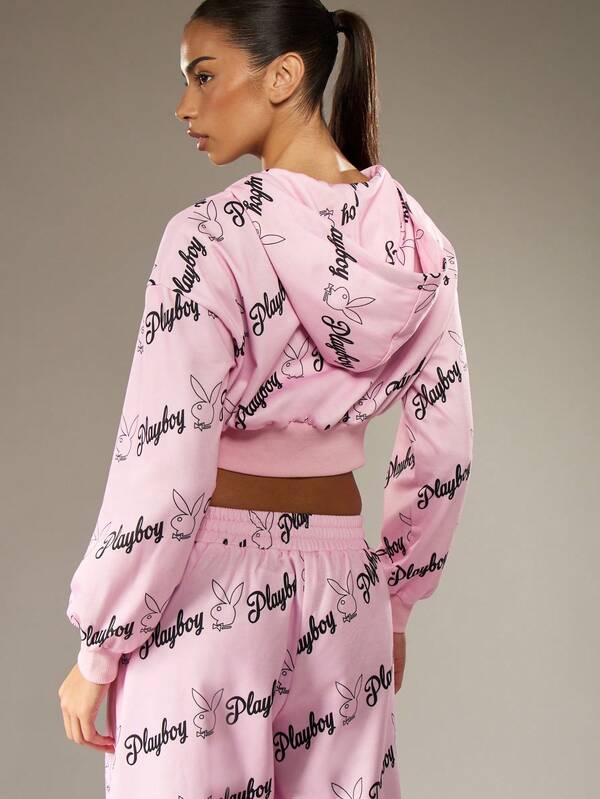Missguided Missguided X Playboy All Over Print Cropped Zip Hoodie With Bunny Logo