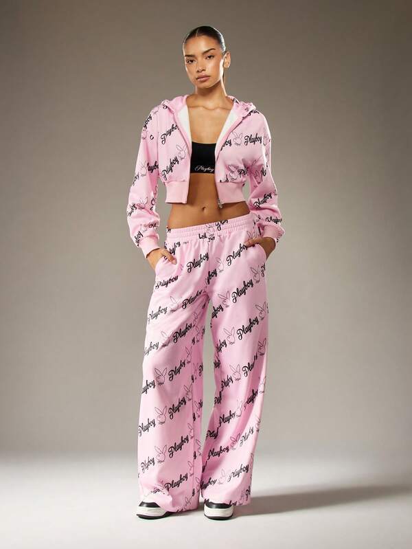 Missguided Missguided X Playboy All Over Print Cropped Zip Hoodie With Bunny Logo