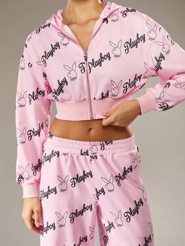 Missguided Missguided X Playboy All Over Print Cropped Zip Hoodie With Bunny Logo
