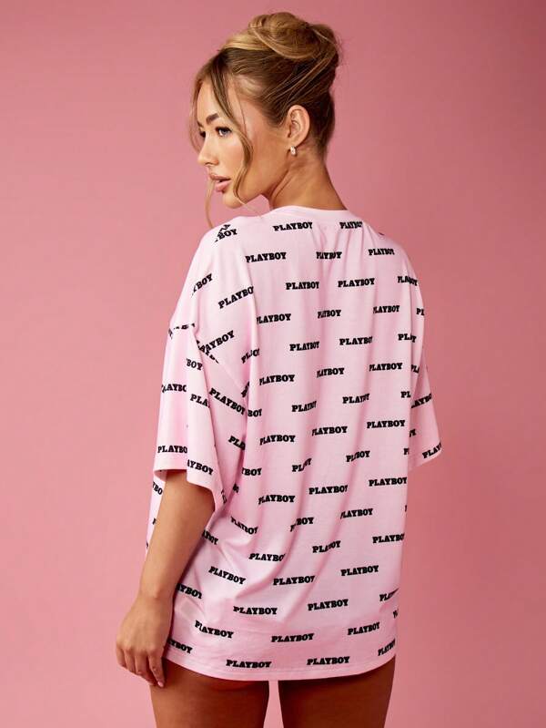 Missguided Missguided X Playboy All Over Print Oversized T-Shirt Street Style Urban Casual