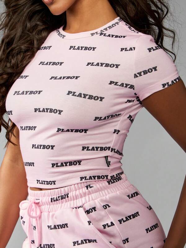Missguided Missguided X Playboy All Over Print Y2K Baby Tee Crop Top