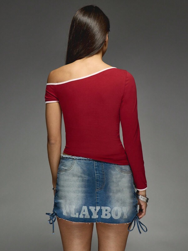 Missguided Missguided X Playboy Asymmetric Crop Top With Bunny Logo Graphics