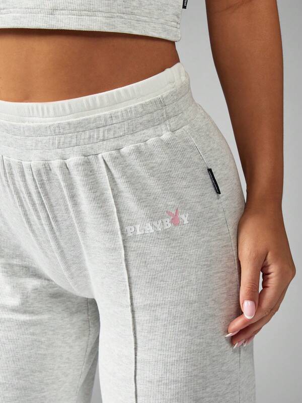 Missguided Missguided X Playboy Athletic Lounge Two Piece Outfit Wide Leg Pants Crop Top