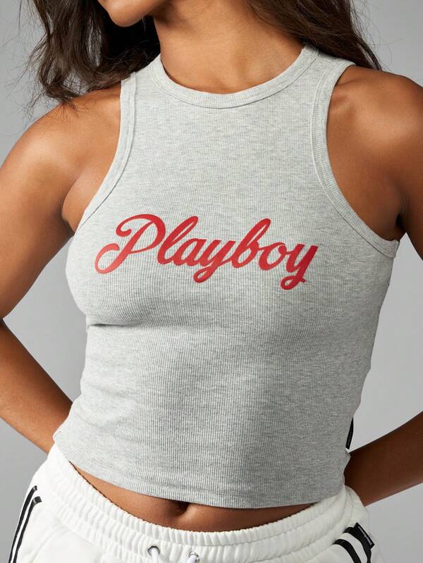 Missguided Missguided X Playboy Athletic Racerback Ribbed Slim Fit Tank Top