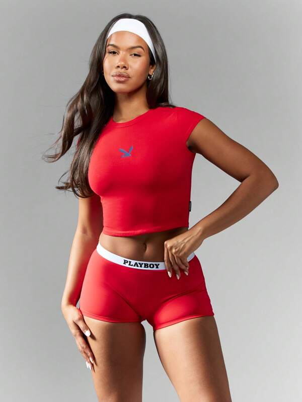missguided Missguided x Playboy Baby Tee Crop Top Athletic Workout Lounge