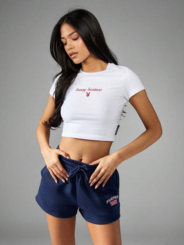 Missguided Missguided X Playboy Baby Tee Crop Top Short Sleeve Graphic Print Logo T-Shirt