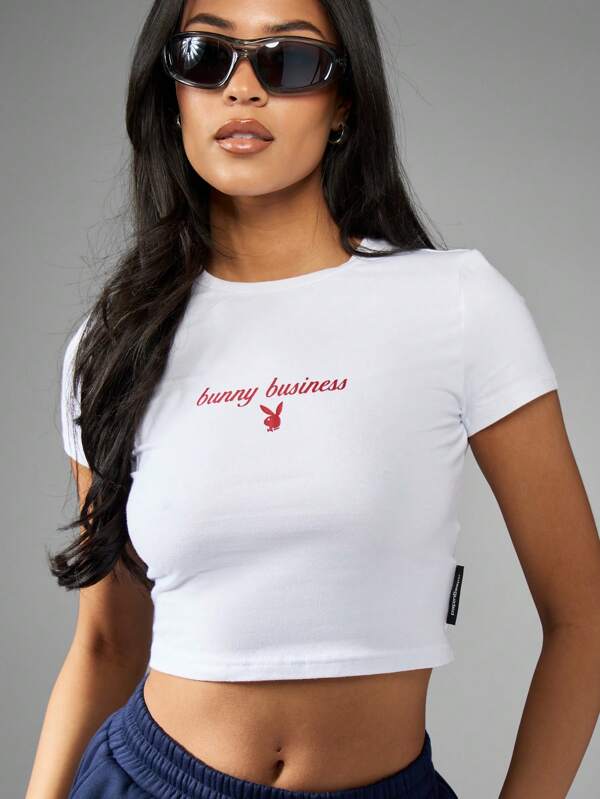 missguided Missguided x Playboy Baby Tee Crop Top Short Sleeve Graphic Print Logo T-Shirt