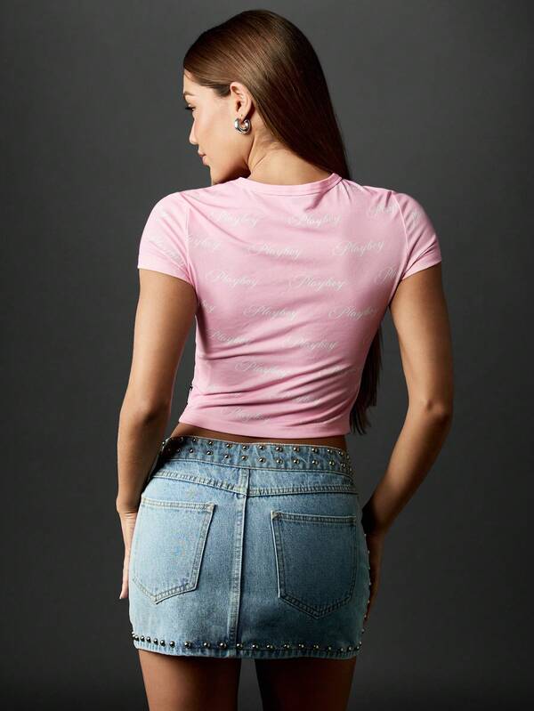 Missguided Missguided X Playboy Baby Tee Script Logo Crop Top With Fitted Design