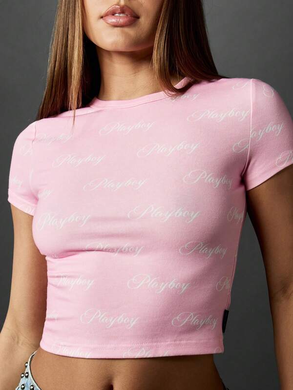 Missguided Missguided X Playboy Baby Tee Script Logo Crop Top With Fitted Design