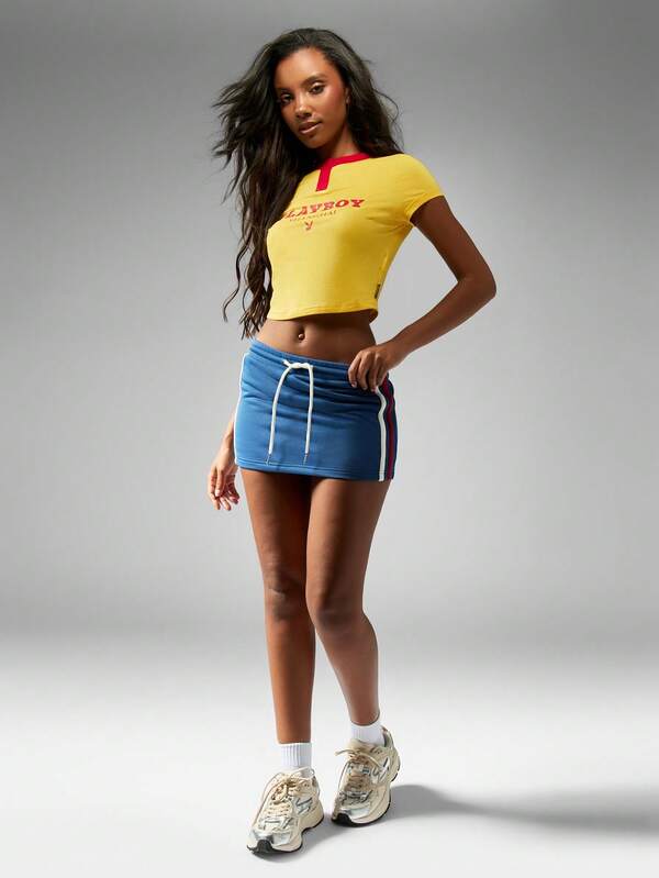 Missguided Missguided X Playboy Baby Tee With Henley Neck And Graphic Print