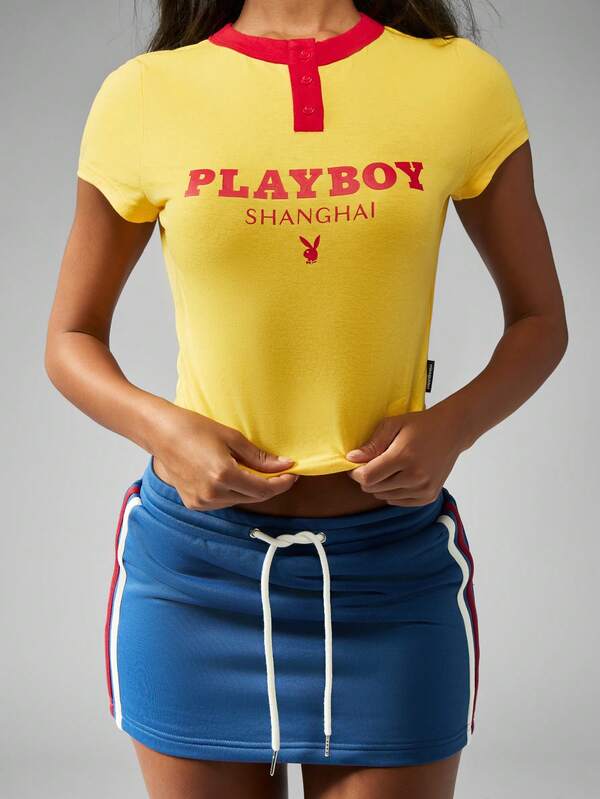 missguided Missguided x Playboy Baby Tee With Henley Neck And Graphic Print