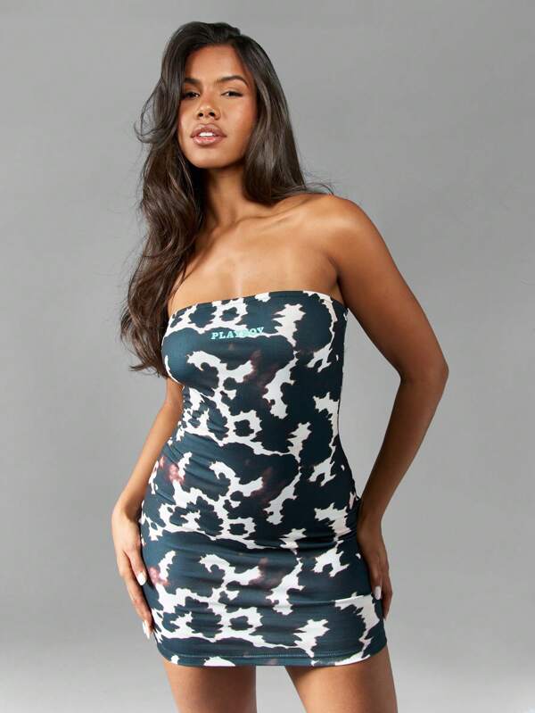 missguided Missguided x Playboy Bandeau Mini Dress Cow Print Bodycon Style