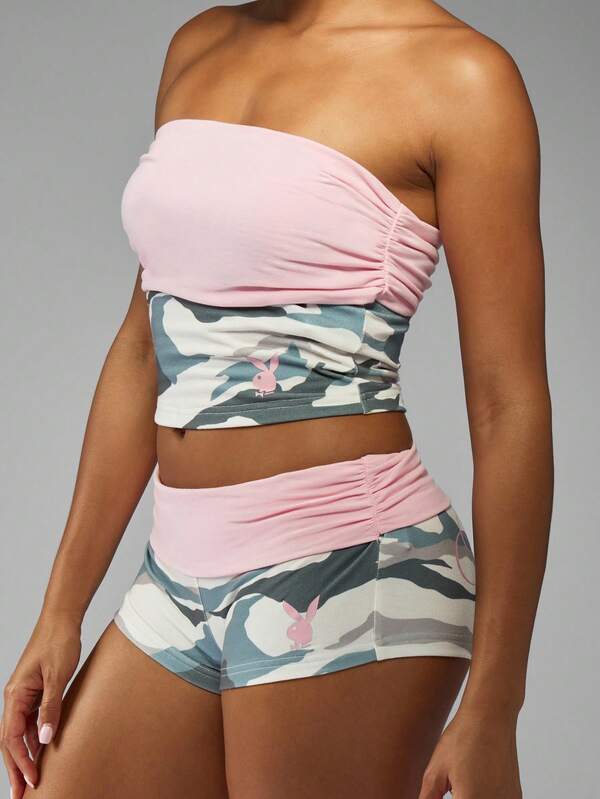 Missguided Missguided X Playboy Bandeau Top And Hot Pants With Camo Print