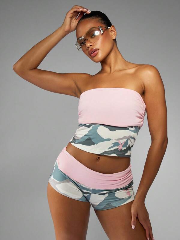 missguided Missguided x Playboy Bandeau Top And Hot Pants With Camo Print