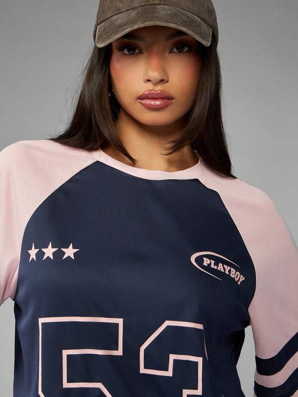 Missguided Missguided X Playboy Baseball Style Raglan T-Shirt With Number Print