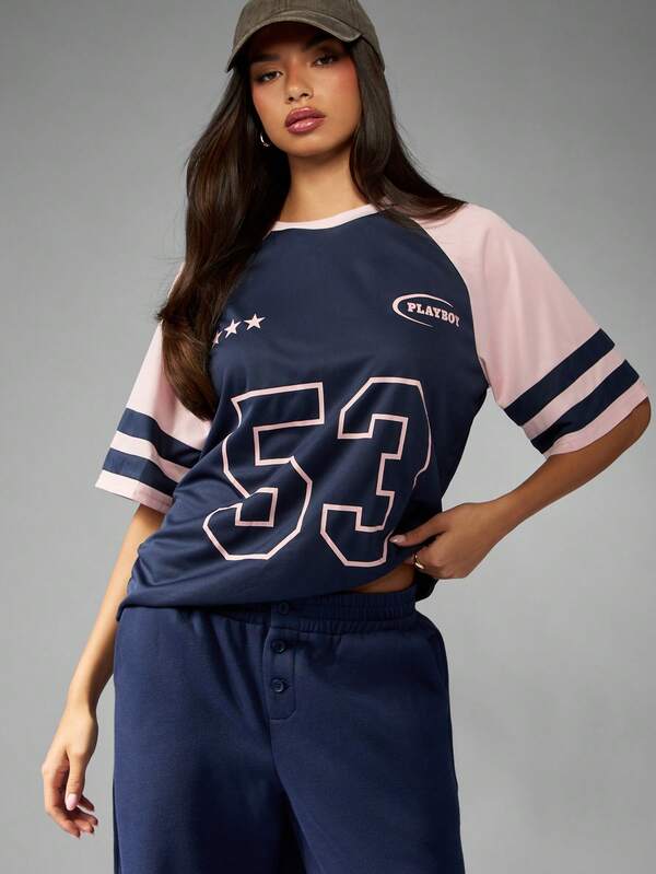 missguided Missguided x Playboy Baseball Style Raglan T-Shirt With Number Print