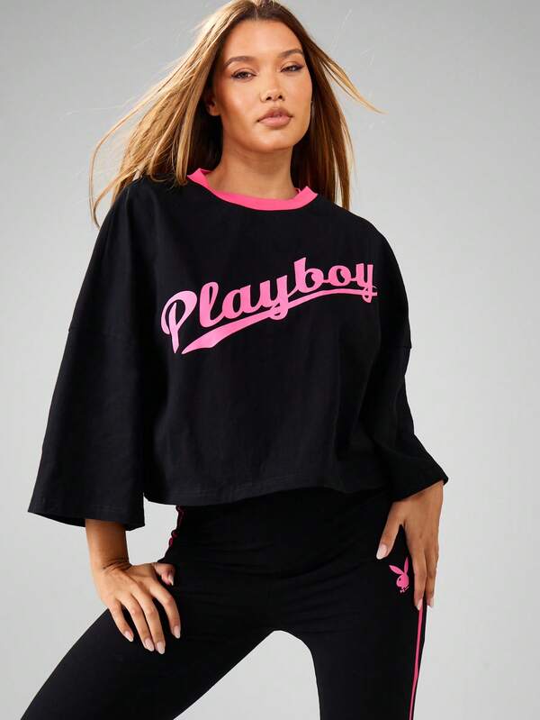Missguided Missguided X Playboy Bell Sleeve Crop Top And High Rise Leggings Coord