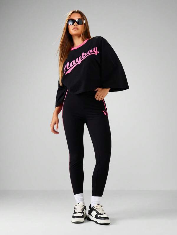 missguided Missguided x Playboy Bell Sleeve Crop Top And High Rise Leggings Coord