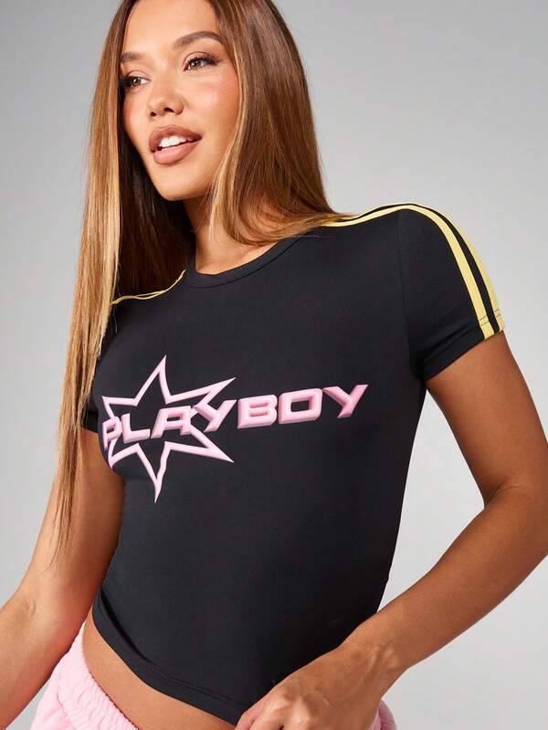 missguided Missguided x Playboy Black Crop T-Shirt With Pink Star Logo