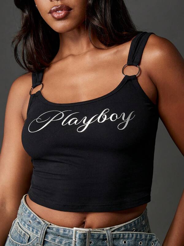 Missguided Missguided X Playboy Black Cropped Tank Top With Ring Detail