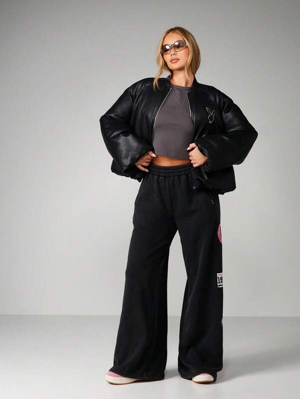 Missguided Missguided X Playboy Black Leather Bomber Jacket With Embroidered Logo