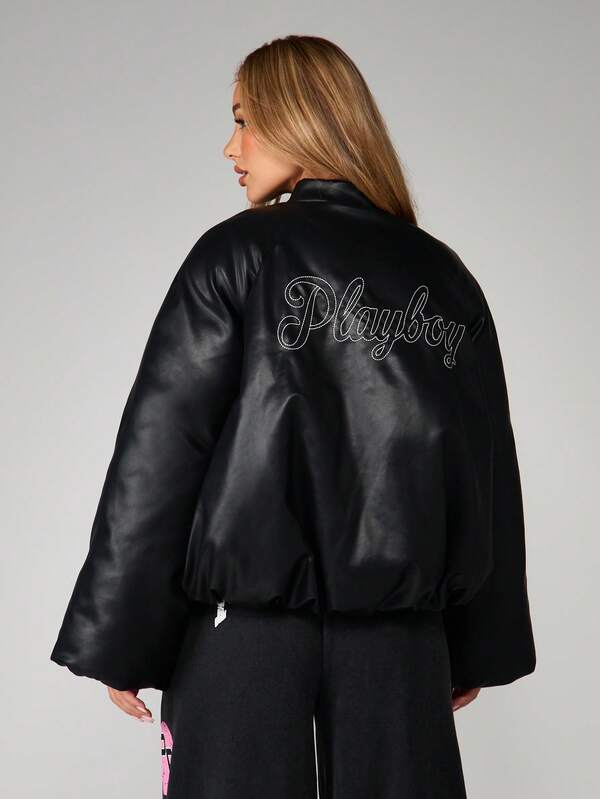 Missguided Missguided X Playboy Black Leather Bomber Jacket With Embroidered Logo