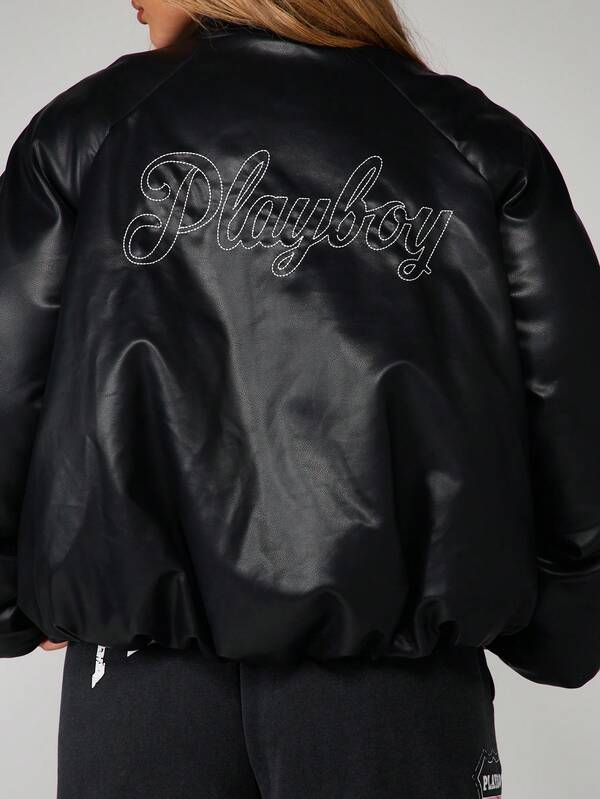 missguided Missguided x Playboy Black Leather Bomber Jacket With Embroidered Logo
