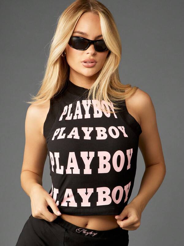 missguided Missguided x Playboy Black Sleeveless Tank With Print