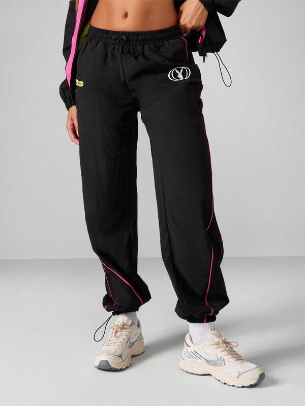 Missguided Missguided X Playboy Black Track Pants With Neon Piping And Logo Print
