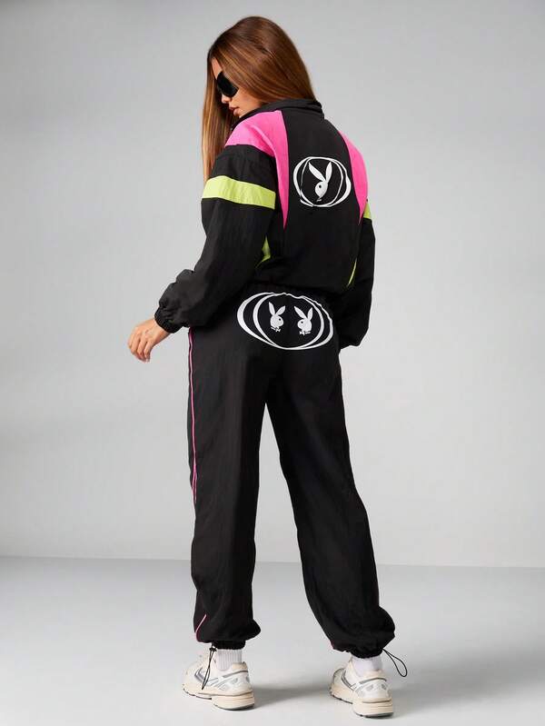 Missguided Missguided X Playboy Black Track Pants With Neon Piping And Logo Print