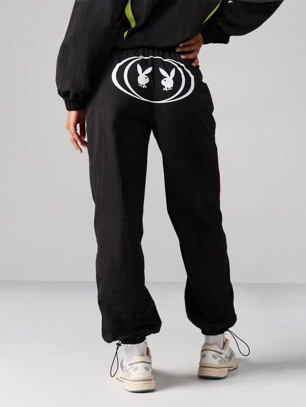 missguided Missguided x Playboy Black Track Pants With Neon Piping And Logo Print