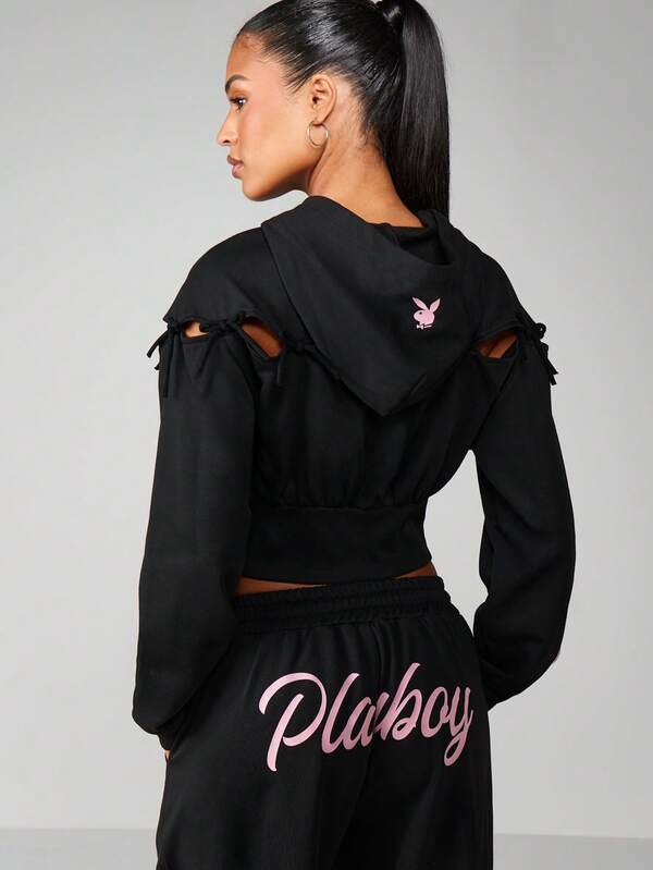 Missguided Missguided X Playboy Bow Detail Zip Front Hoodie With Cutout