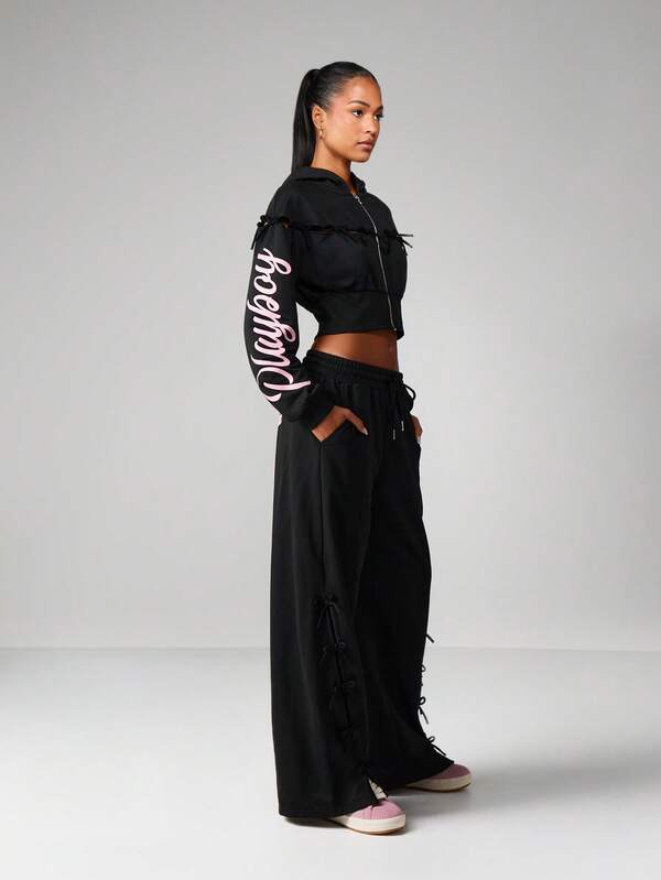 Missguided Missguided X Playboy Bow Detail Zip Front Hoodie With Cutout