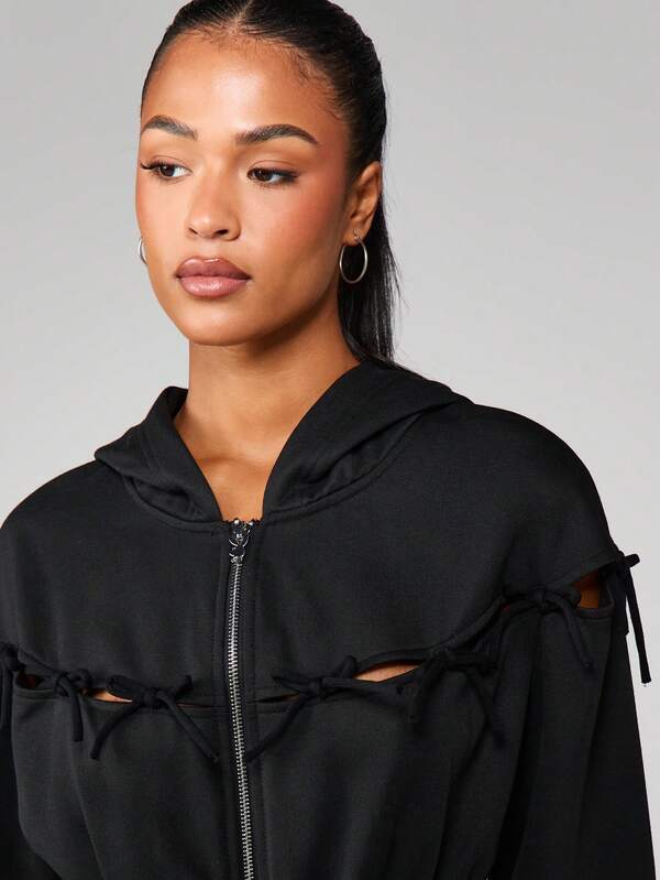 Missguided Missguided X Playboy Bow Detail Zip Front Hoodie With Cutout
