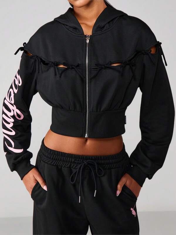 missguided Missguided x Playboy Bow Detail Zip Front Hoodie With Cutout