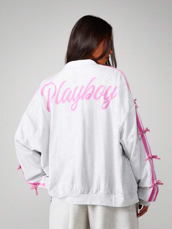 Missguided Missguided X Playboy Bow Detail Zip Through Sweatshirt With Ribbon Sleeves