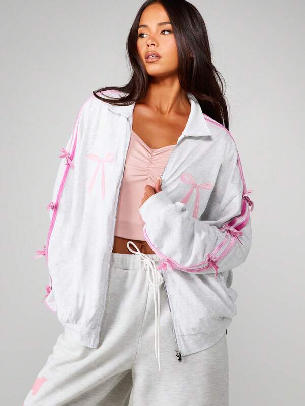 Missguided Missguided X Playboy Bow Detail Zip Through Sweatshirt With Ribbon Sleeves