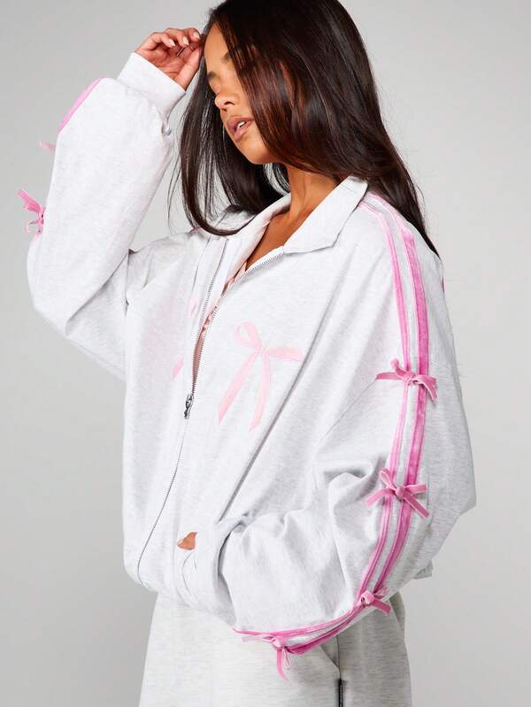 missguided Missguided x Playboy Bow Detail Zip Through Sweatshirt With Ribbon Sleeves