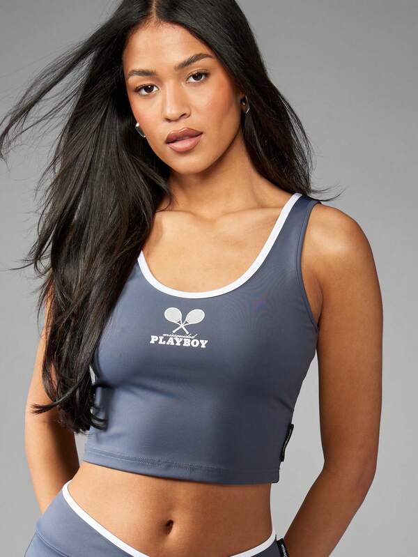Missguided Missguided X Playboy Bra Style Crop Tank Top With Logo And Contrast Binding