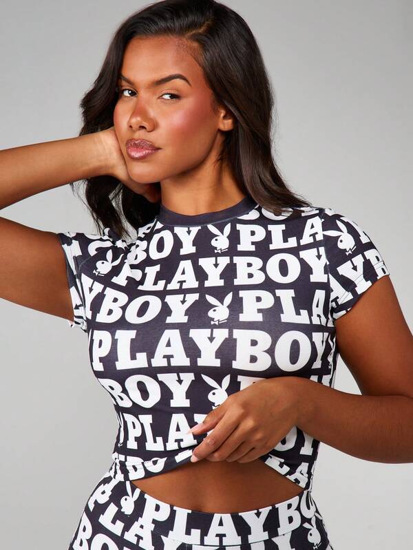 Missguided Missguided X Playboy Brand AOP Print Crop Top