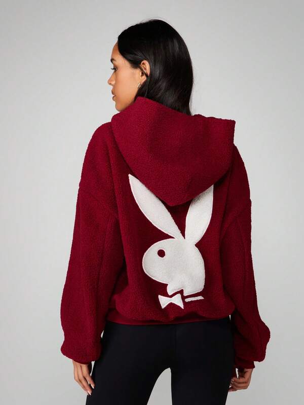 Missguided Missguided X Playboy Brand Logo Bunny Head Back Placement Borg Graphic Hoodie