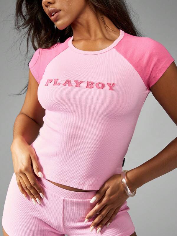 missguided Missguided x Playboy Branded Contrast Raglan Short Sleeves Ribbed Baby Tee