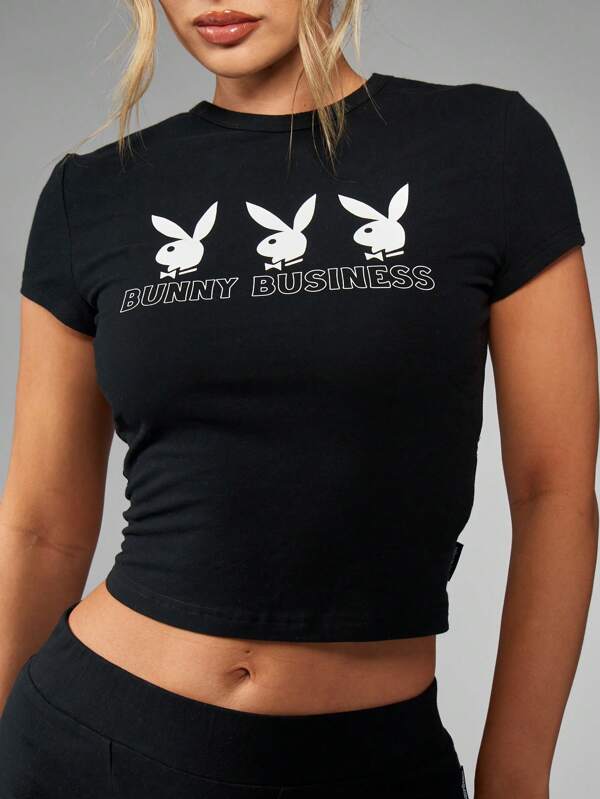 Missguided Missguided X Playboy Bunny Business Logo Print Cropped Short Sleeve Baby Tee